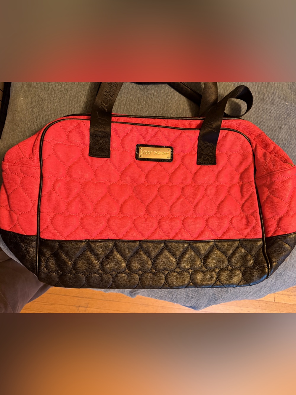 Betsey Johnson Red and Black Quilted Heart-Accent Duffel Bag